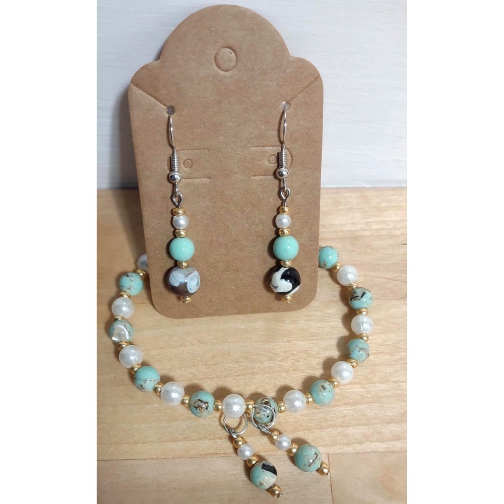 Turquoise and Pearl Beaded Jewelry Set Bracelet And Earrings